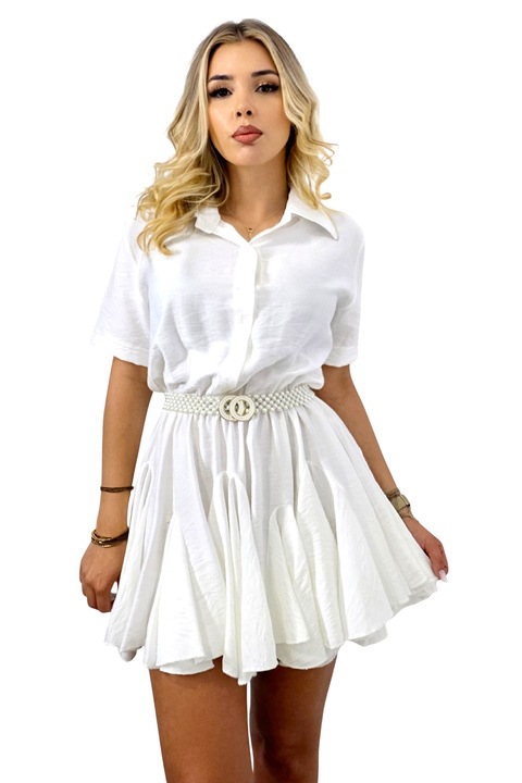 Вискозна рокля Peony Pearl с волани, тип риза и колан включени, бяла, универсален размер S/M, FashionForYou