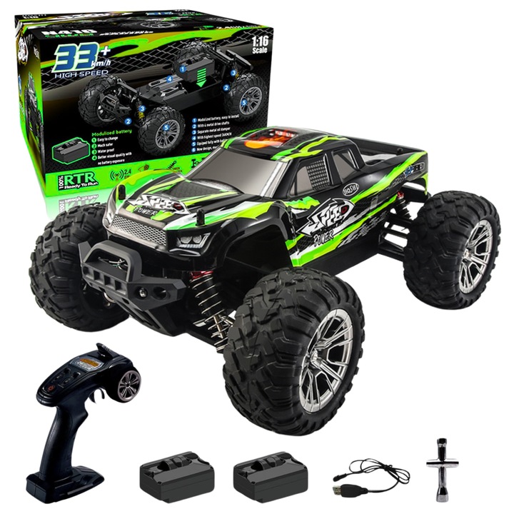 RC Terepjáró Monster Truck, Lila, 33 km/h, 4WD, LED lámpák, 1 újratölthető akkumulátor mellékelve, játék 7 éves kortól és felnőtteknek, Zöld