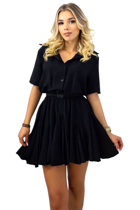 Вискозна рокля Peony Pearl с волани, тип риза и колан включени, Черна, Универсален размер S/M, FashionForYou