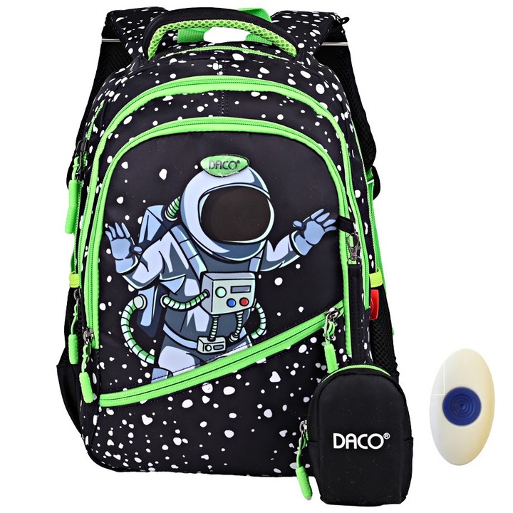 Ghiozdan baieti clasa 0–2, Astronaut, negru-verde, DACO GH3509, 38 cm + radiera cu grip FLR