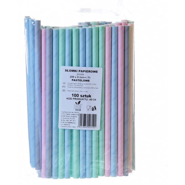 Хартиени сламки, Тамипол, комплект от 100 броя, многоцветни, 20x0.8 см