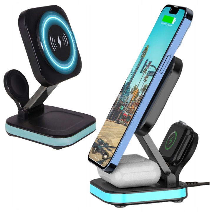 Incarcator wireless 4 in 1 WOBELL pentru iPhone, Apple Watch, AirPods, design compact, negru