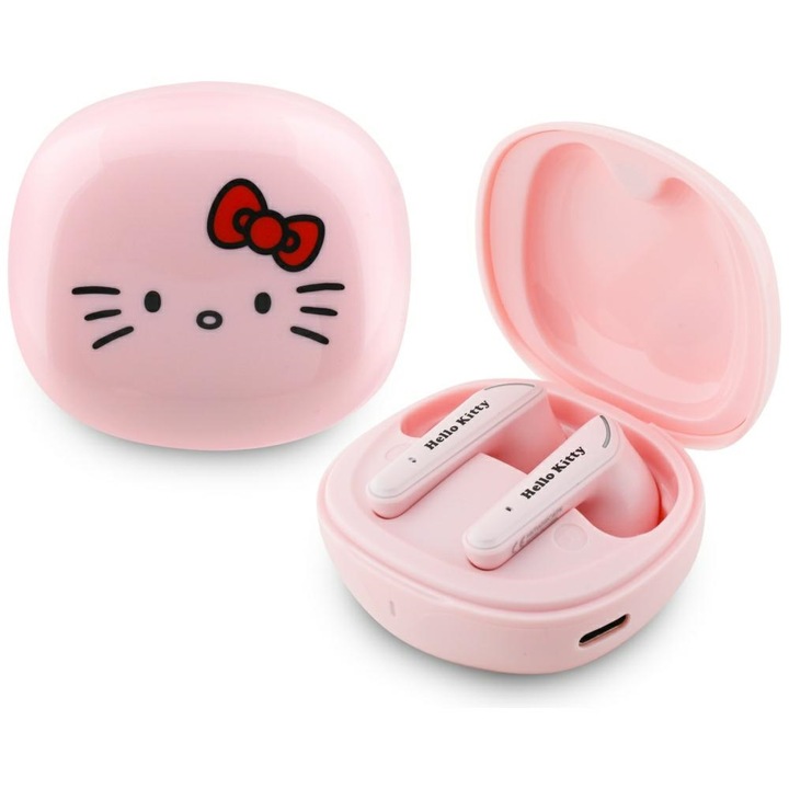 Безжични слушалки Hello Kitty, розови, гланцирани, Bluetooth 5.4, автономия 4 часа, пълен комплект