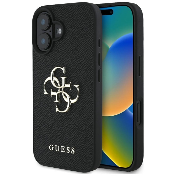 Etui pentru iPhone 16, Guess Grained Big 4G Logo Small Classic Logo, ecologic, negru