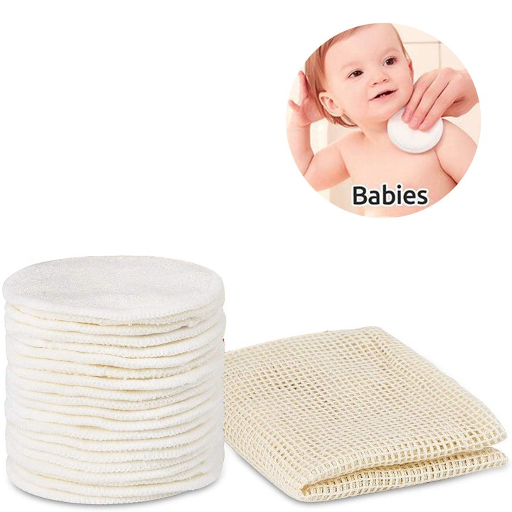 Set de 20 dischete demachiante reutilizabile din bambus si bumbac, 8x8cm, ecologice, pentru curatarea fetei