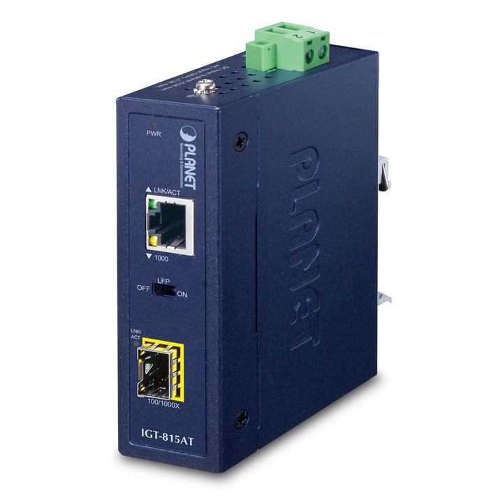 PLANET IP30 kompakt ipari média konverter 100/1000BASE-X SFP-ről BASE-T-re, LFP támogatással
