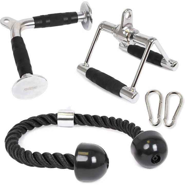 Set accesorii fitness HERUSI, bara V si coarda triceps, otel cromat, negru, universal