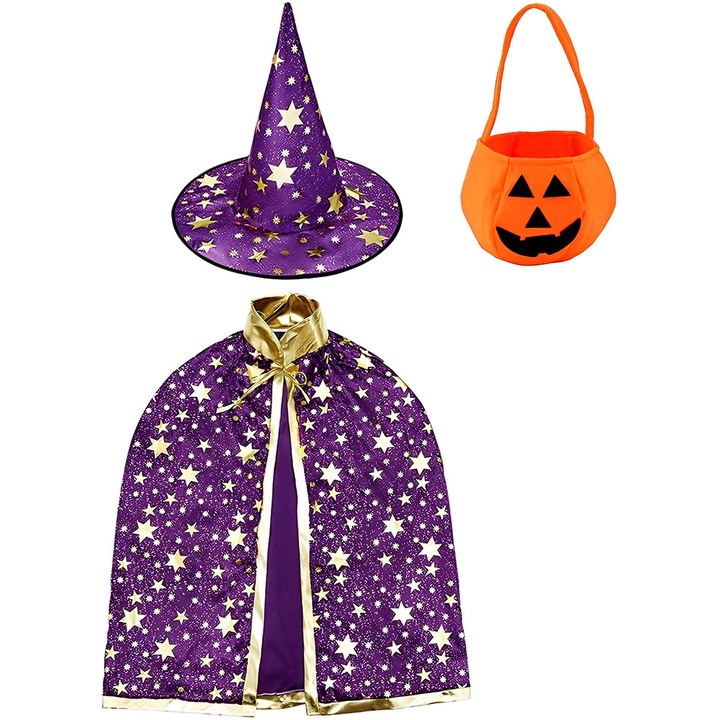 HERUSI gyerek Halloween jelmez, lila szatén köpeny és kalap, 128x82cm 38x36cm szett
