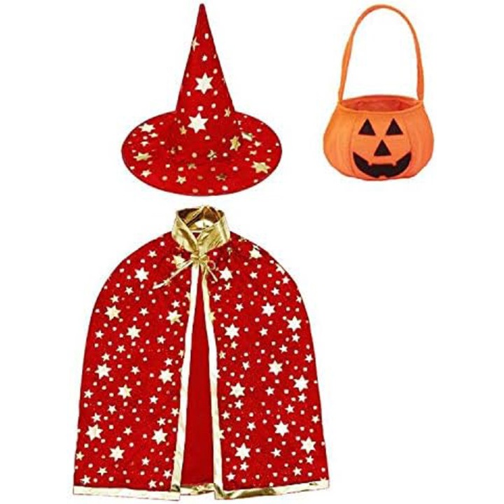 HERUSI gyerek Halloween jelmez, köpeny és kalap, piros szatén, 128x82cm, 38x36cm szett