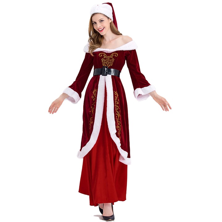Costum Craciun femei HERUSI lung bordo rosu