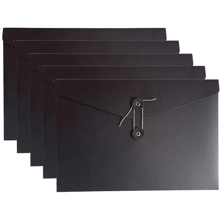 Плик Kraft String, папка за документи, джобове за проекти, обложка, плосък, без удължение, A4, черен, пакет от 5