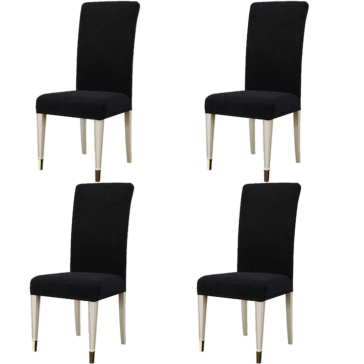 Set 4 Huse scaune, ZGGZERG, Elastice, Detasabile, Material respirabil, Antialunecare, Fara decolorare, Moale si confortabil, Usor de curatat, Rezistente la pete si umezeala, Pentru bucatarie, sufragerie, hoteluri, Poliester, 38-48cm, Negru