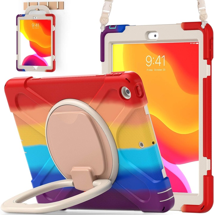 Tok iPad 10.2" 2021/2020/2019-hez, 3 az 1-ben kialakítás, piros, ceruzatartóval, 360°-ban forgatható állvány