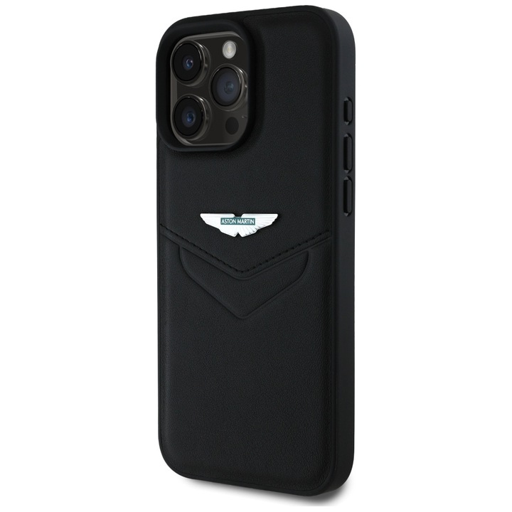 Carcasa Aston Martin HC Leather Victory Design compatibila cu iPhone 16 Pro Max, Negru