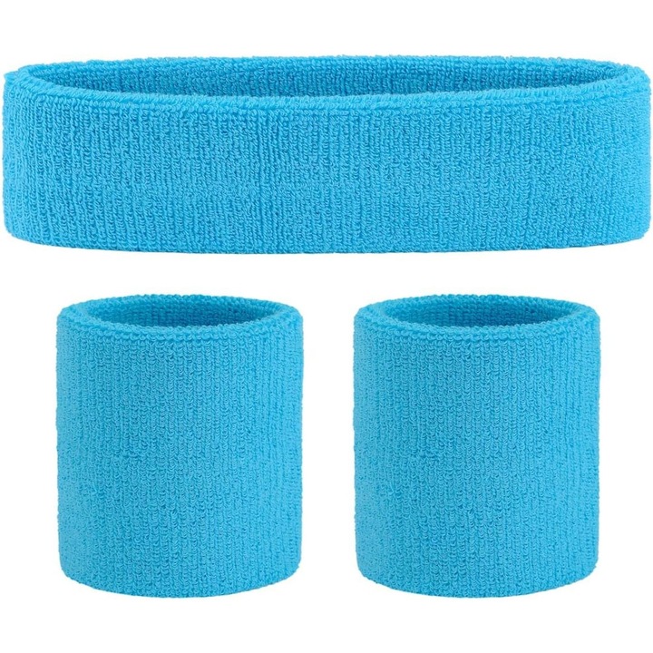 Set benzi pentru cap si incheieturi Herusi, absorbante, portocaliu neon, 7x2cm si 2.75x3cm