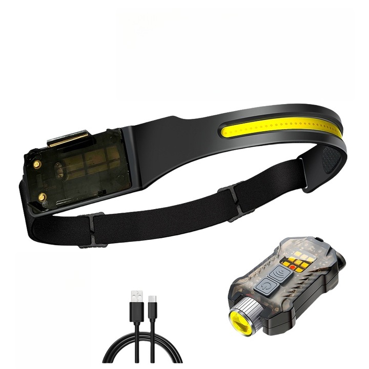 LED челник, 400 лумена, COB/XPE, индуктивен, 1200mAh, водоустойчив IP65, зареждане чрез USB, дълъг живот на батерията, компактен и преносим, черен