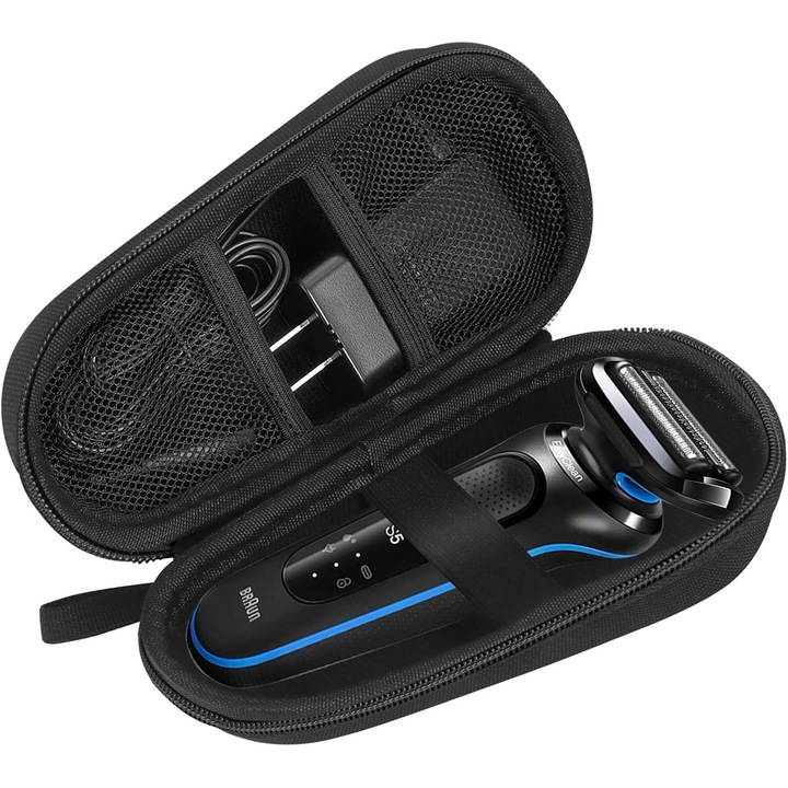 Etui pentru aparat de ras Braun Series 3s/5s/7s/9s, PsAyl®, 17.5x7x7cm, rezistent la intemperii, cu compartiment pentru accesorii, Negru
