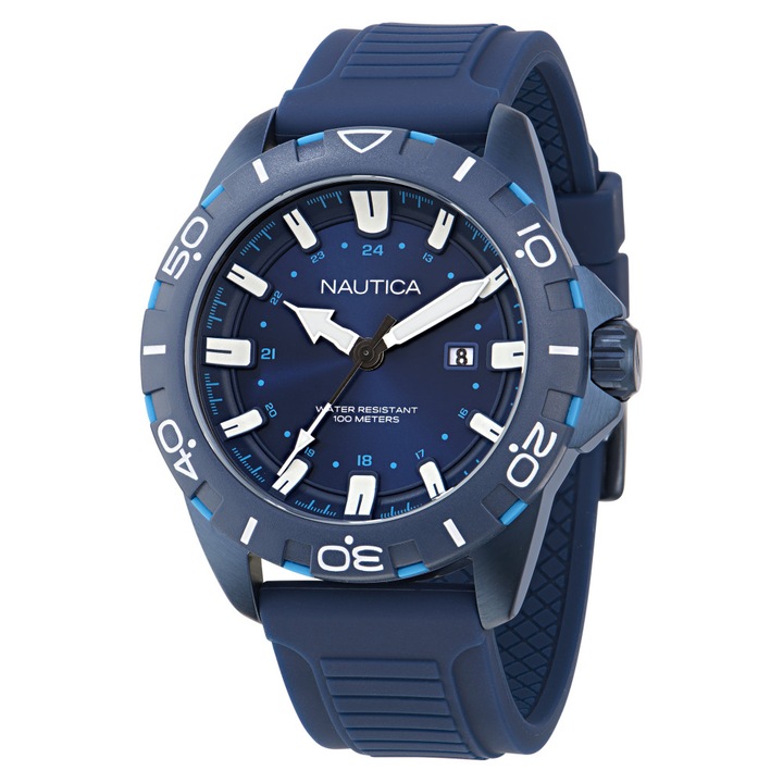 Ceas barbatesc Nautica NAPNRF404, cadran albastru, curea din piele, 14mm x 44mm, rezistent la apa 100m