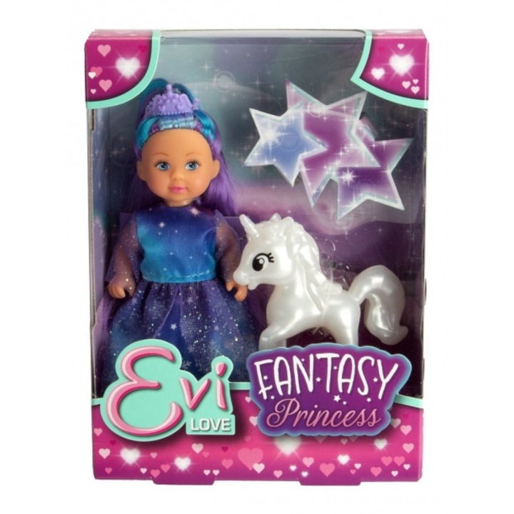 Papusa Evi, 12cm, rochie albastru-violet, par colorat, set cu unicorn perlat