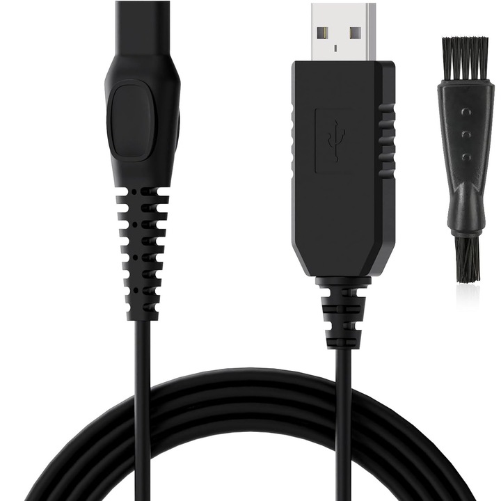 Borotva töltőkábel 8V, PsAyl, USB, kompatibilis a Philips Norelco HQ850, AT600, AT755, FT618, RQ350, HQ902, S5050, S5080 készülékekkel, tisztítókefével, fekete