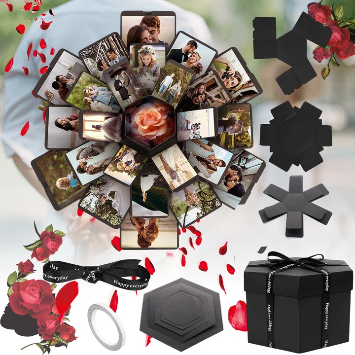 Set album foto creativ, Puepoul, Cutie cadou care explodeaza neagra, 47x42cm, pentru Nunta, Ziua indragostitilor, Absolvit, zi de Petrecere, Inregistrator de Momente de Dragoste, Hexagon, Carton, Carte memorie DIY, 47x42 cm, Negru