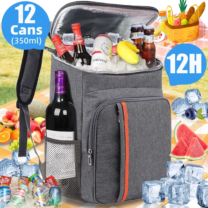Geanta frigorifica impermeabila, Tip rucsac, EXCITAT®, Cu compartimente multiple, Cu manere si bretele reglabile, Material PEVA, Capacitate mare, Mentine cald, Rece si proaspat, Potrivita pentru serviciu, Picnicuri, Camping, Drumetii, Gri