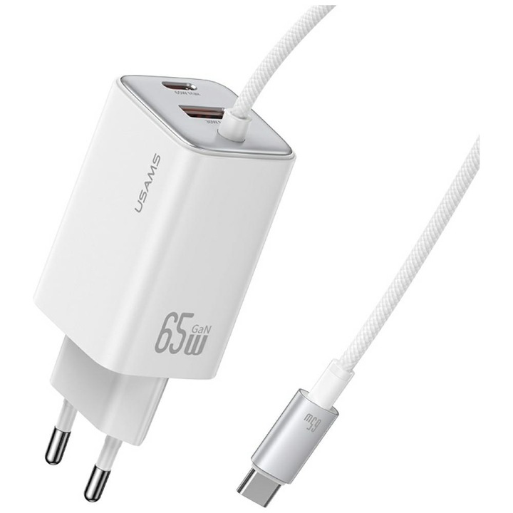 Incarcator retea rapid USAMS JC, 65W, 3A, 2xUSB-C, 1xUSB-A, 1x Cablu USB-C, Alb