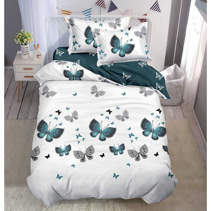 Set Lenjerie CHIRASO, din FINET, pentru 1 sau 2 persoane, 4 piese, Cearceaf cu elastic 140 x 200 cm, Cearceaf pilota 155 x 200 cm, fata de perna 55 x 75 cm, cu imprimeu fluturi, alb-verde