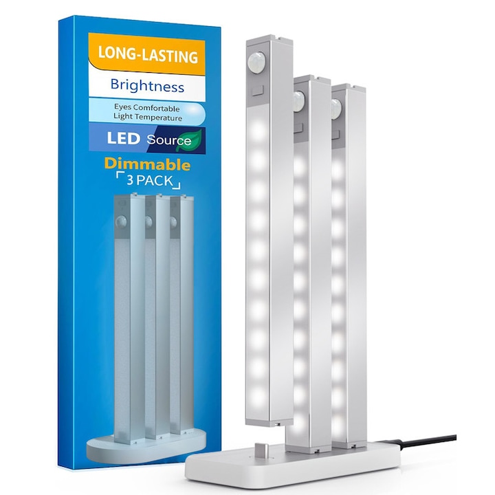 Set 3 Lampa LED cu Senzor de lumina si miscare, 5 niveluri de luminozitate reglabile, 500mAh, Suport magnetic, Incarcare USB-C, pentru dressing, dulap de bucatarie, baie, hol, scari, portabila
