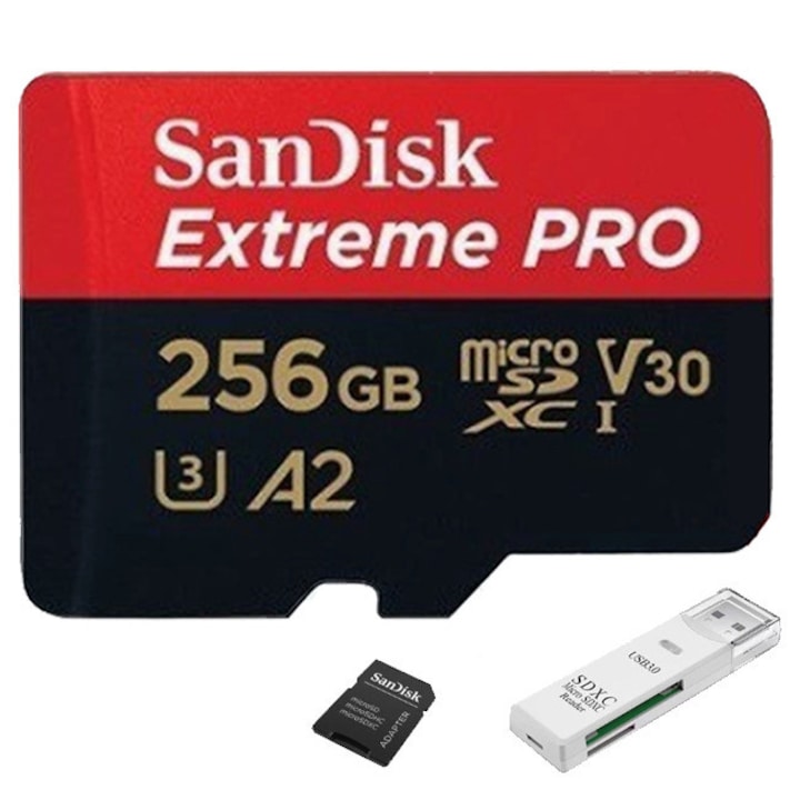 Карта памет SanDisk Extreme microSDXC 256GB, скорости на четене/запис до 190MB/s и 130MB/s A2 C10 V30 UHS-I U3 + SD адаптер
