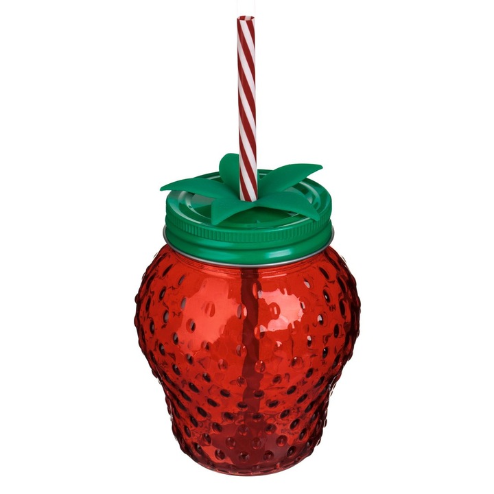 Üveg pohár szívószállal eper 450ml