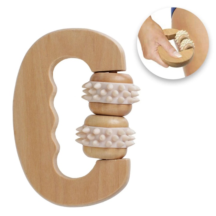 Roller cu maner din lemn pentru masaj fata & corp 11x8cm