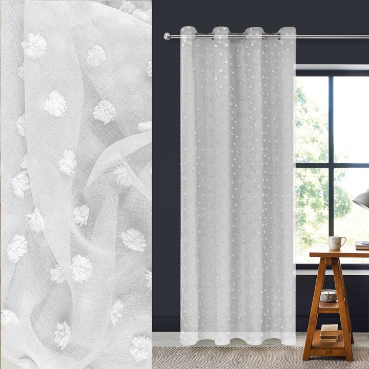 Fehér díszfüggöny bojttal és karikákkal, 140x260 cm