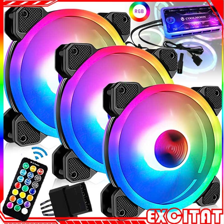 Комплект от 10, RGB вентилатор за кутия, 120 мм ултратих RGB охлаждащ вентилатор, EXCITAT®, 5V ARGB синхронизация, регулируема скорост, цветен охладител, високопроизводителен вентилатор за кутия за компютър, цветен