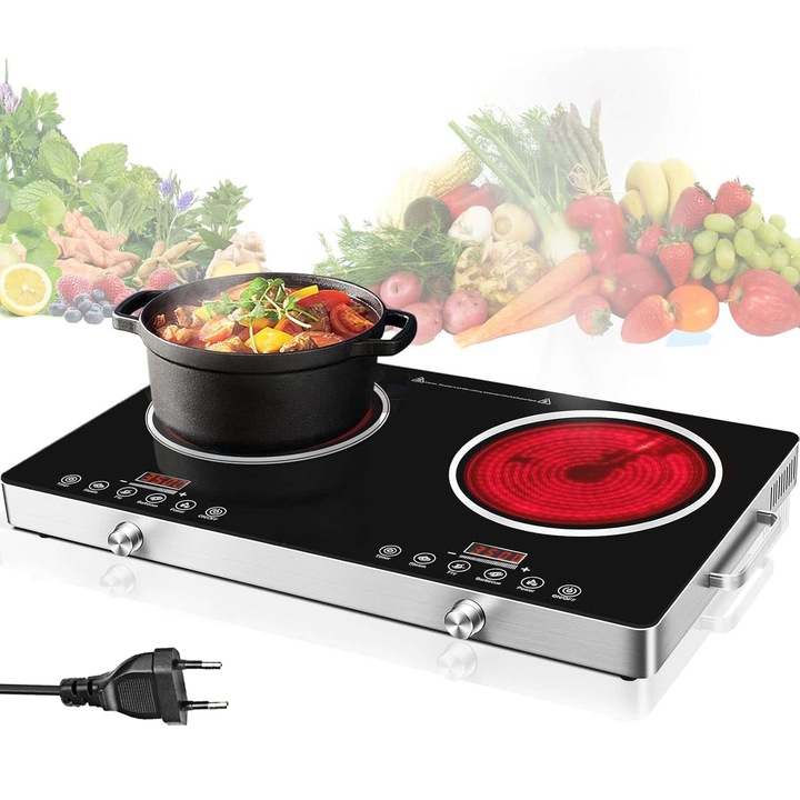 Elektromos tűzhely dupla égővel, 3500 W, könnyűfém felni, Excitat®, 220 V, állítható főzési hőmérséklet a pulton, hordozható tűzhely vezetékkel és infravörös érzékelővel, minden főzőlappal kompatibilis, otthoni, éttermi használatra alkalmas, fekete