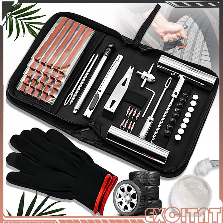 Комплект от 62 части, Универсален инструмент за ремонт на гуми, EXCITAT®, Бързо уплътняване, Лесен за използване, Лесен за пренасяне, Устойчив на износване, Метал, Каучук, Подходящ за автомобили, Камиони, Ремаркета, Мотоциклети, Черен