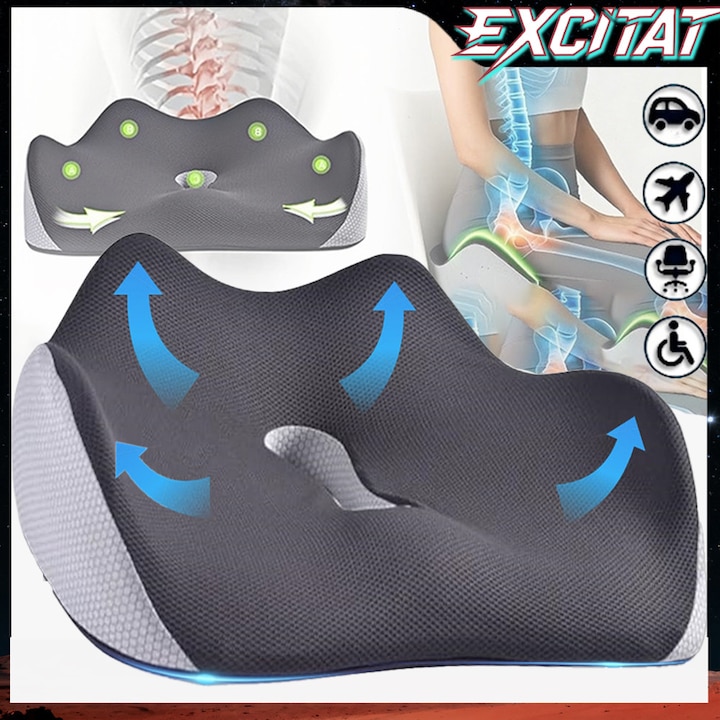 Perna ortopedica pentru sezut, EXCITAT®, Spuma cu memorie premium, Design ergonomic, Protectie stiintifica a coloanei vertebrale, Modelare a soldurilor, Disipare a caldurii prin respiratie, Husa detasabila, Potrivita pentru solduri, Coccis, Coccis, Gri