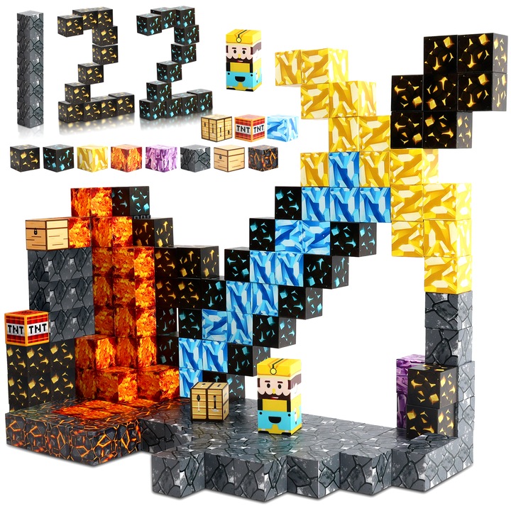 Set de Jucarie Cu Blocuri De Constructie 122 piese, Set De Constructie Pentru Copii Minecraft, Joc de Constructie cu Scene de Aventura Minecraft, Pentru Dezvoltarea Abilitatilor Imaginatiei, Multicolor, 3 ani +
