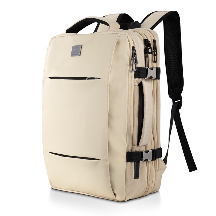Rucsac pentru laptop, James Hawk, material impermeabil, ergonomic si usor, port USB pentru incarcarea dispozitivelor electronice, 4 compartimente separate cu fermoar, 40 cm X 30 cm X 17/29 cm, bej