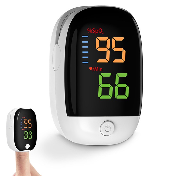 Oximetru medical pentru pulsul degetului, Beeherb®, masurare sensibila la lumina, nedureroasa, masurare completa in 5s, instrument de masurare extrem de precis, afisaj LED de inalta definitie, alb