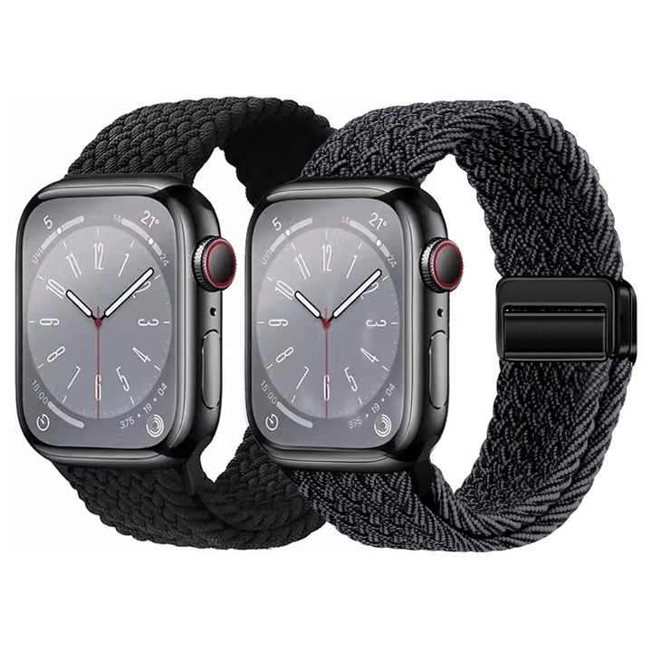 2 db mágneses csattal ellátott szíj, MUGIM, Apple Watch Series 11, 10, 9, 8, 7, 6, 5, 4, SE, SE2, Ultra, 44/45/46/49 mm-es kijelzővel kompatibilis, állítható sport nylon, légáteresztő, fényes fekete