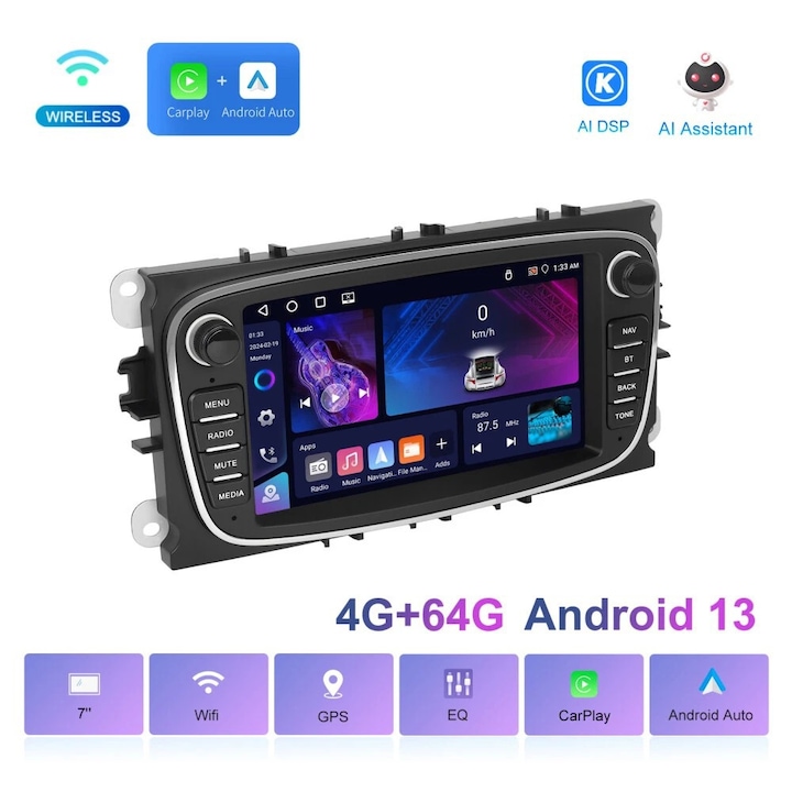 Dedikált Android navigációs rendszer Ford Focus, Mondeo, 7" IPS érintőképernyő, 4 GB RAM, 64 GB ROM, négymagos processzor, Carplay vezeték nélküli kapcsolat, Mirror Link, Bluetooth 5.0, GPS, Canbus, 4*45W kimenet