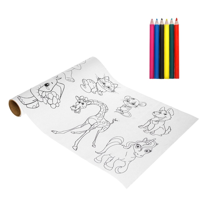 Set de Colorat Animale in Rola cu 5 Creioane Colorate Mini - 3m