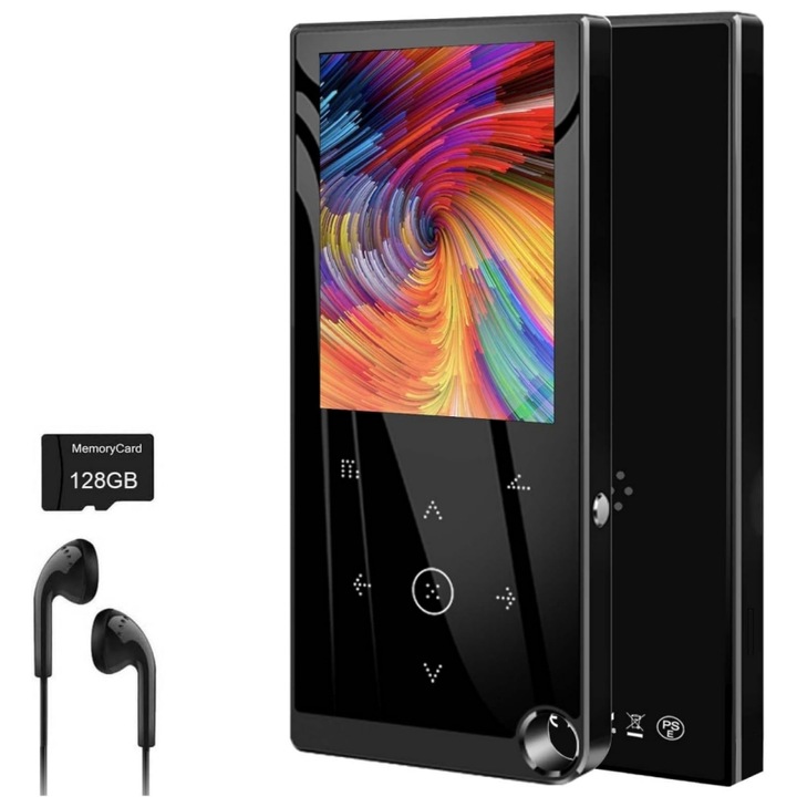 MP3 MP4 lejátszó 8 GB belső memóriával, 128 GB SD kártyával, 2,4 hüvelykes képernyővel, Bluetooth 5.2-vel, FM rádióval, e-könyv olvasási funkcióval, hangrögzítővel, érintőgombokkal, fekete színben