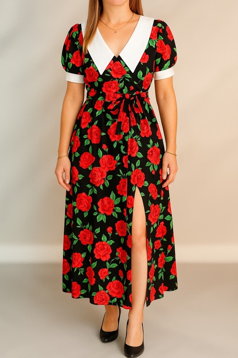 Hosszú fekete ruha piros virágokkal, fehér gallérral és hasítékkal SML INTL