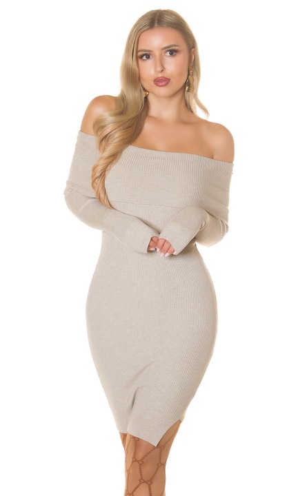 Rochie tricotata cu umeri goi eleganta mulata, Bej, One Size
