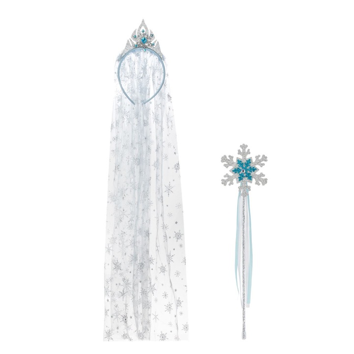 Set Coronita Par cu Voal Lung & Bagheta cu Fulb Bleu Argintiu Glitter Margele