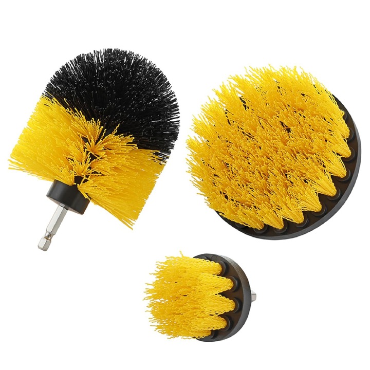 Set 3 Perii Rotative Din Plastic Profesional SUPER TRENDS®, Diferite Marimi, Pentru Curatare Profunda Autovehicule, Tapiterii, Placi de Faianta, Trepte de Piscina, Podele de Garaj, Galben-Negru