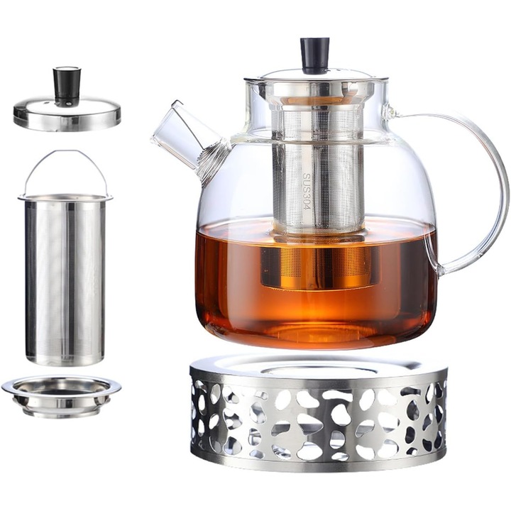 Кана с инфузер, Excitat®, Ергономичен дизайн, 1500 мл, Подвижен инфузер от неръждаема стомана, Устойчив на топлина, взривобезопасен, Боросиликатно стъкло, Лесен за почистване, С основа от неръждаема стомана, За микровълнова фурна и котлон, Прозрачен