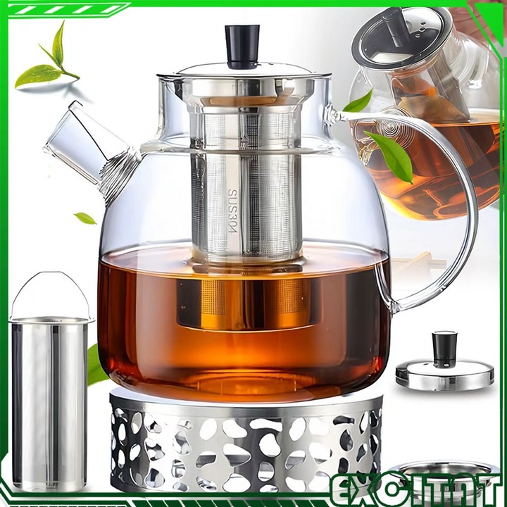 Ceainic cu infuzor, Excitat®, Design ergonomic, 1500 ml, Infuzor detasabil din otel inoxidabil, Rezistenta la caldura antiexplozie, Sticla borosilicata, Usor de curatat, Cu baza din otel inoxidabil, Pentru cuptor cu microunde si aragaz, Transparent